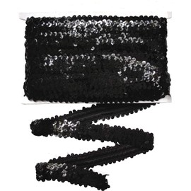 Gnognauq Black Elastic Sequin, Flat Glitter Stretch Bling Paillette Fabric Ribbon, Metallic Appliqué Trim Lace for Dress Embellish Metallic Braid Trim Embellishment (10 Yard)