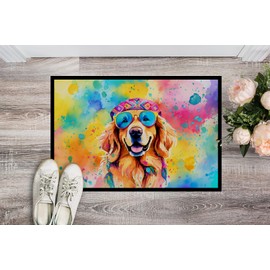 Caroline's Treasures DAC2512MAT Golden Retriever Hippie Dawg Doormat Front Door Mat Indoor Outdoor Rugs for Entryway, Non Slip Washable Low Pile, 18H X 27W