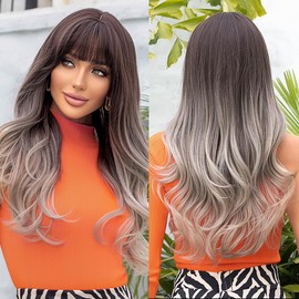 testar 24 Inch Long Grey Wig for Women, Grey to Blonde Hair Wigs with Fringe, Heat Resistant Synthetic Glueless Wigs for Daily Use of Girls, Theme Party, Cosplay