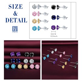 Yumilok 7 Pairs Women's Stud Earrings 925 Sterling Silver Zirconia White Multicoloured, 6 mm Stud Earrings, Earrings for Girls, Silver, b