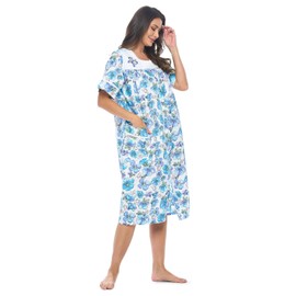 Casual Nights Women's Snap - Front House Dress Short Sleeve Woven Housecoat Duster Lounger Robe with Pockets - Blue Butterfly - 3X-Large