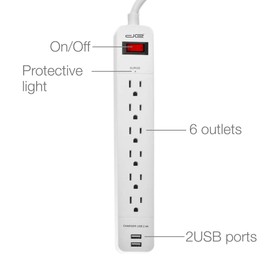Digital Energy 6-Outlet + 2 USB 1050 Joule Surge Protector Power Strip with 25-Ft Long Extension Cord, White, UL Listed