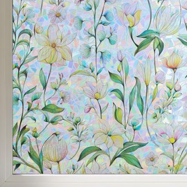 FINNEZ Window Privacy Film Stain Glass Film Flowers Rainbow Window Film Window Clings Non-Adhesive Reusable Decorative for Home（Forest Rainbow，23.6 Inch x 6.5 Feet）