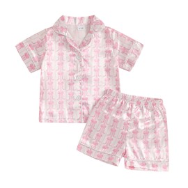 MAHUAOYIXI Toddler Kids Girls Summer Satin Pajamas Outfits Short Sleeve Watermelon Print Lapel Button Down Shirts Top with Elastic Waist Shorts Sets 2Pcs Sleepwear (Bright Pink, 2-3 Years)