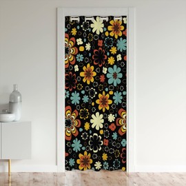 Retro Flower Blackout Curtain, Funky 1960S 1970S Swirls Floral Door Curtain For Doorways Privacy, Colorful Groovy Flowers Doorway Curtain, Cute Vintage Black Door Drape Bedroom Decor, 34"W X 80"L