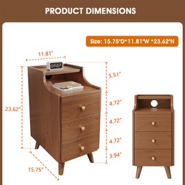 Narrow Nightstand 11.8" for Small Spaces, Solid Wood Night Stand with Drawers Side Table Mid Century Modern End Table for Bedroom