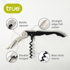 True Brands TrueTap Double Hinged Waiters Corkscrew, Top-notch Stainless Steel Opener with Foil Cutter Built to Last Wine Key Black Silver, Set of 1
