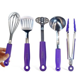 Xidgets Stainless Steel Mini Utensil Gadget Set: 5 pcs. Heavy-duty essentials: mini whisk, masher, tongs, turner, & ladle. Sleek, minimalistic, well-made in compact, fun sized. (Plum Purple)