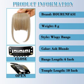 ROURUNFASI Clip on Wispy Bangs-Real Human Hair Clip in Bangs Hairpieces Ash Blonde Fake Air Bangs Fringe with Temples Bangs Hair Clip Extensions