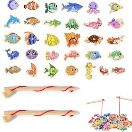 Cerioll Fishing Toy, 31 Pieces Magnetic Fishing Game, Children's Wooden Toy with Two Fishes, Educational Toy Gift for Children Aged 3 to 5 Years