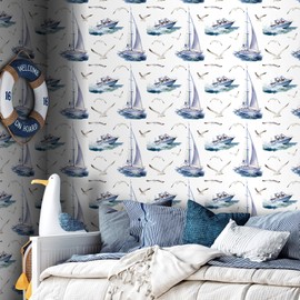ReWallpaper 17.5in×23ft Blue and White Coastal Wallpaper Peel and Stick Blue Contact Paper for Cabinets Removable Nautical Wallpaper Boats Seagulls Vintage Nautical Wall Decor for Kids Bedroom Walls