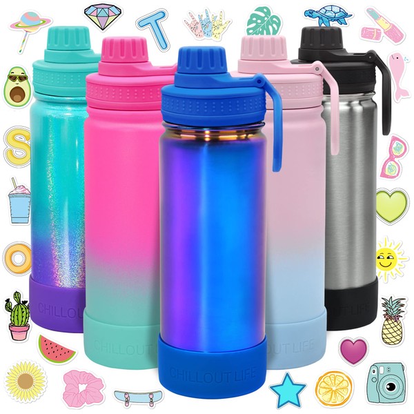 CHILLOUT LIFE 17 oz Kids Insulated Water Bottle for School with Leakproof Spout Lid and Cute Waterproof Stickers, Personalized Stainless Steel Thermos Flask Metal Water Bottle, Dishwasher Safe Color