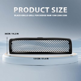 YLT AUTO Front Bumper Cover Upper Grille Replacement Shroud Gloss Black Front Mesh Air Inlet Fit 1994-2002 for Dodge Ram 1500 2500 3500