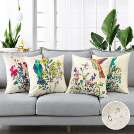 Artscope Set of 4 Waterproof Cushion Covers 45x45cm, Decorative Textile Bird Pattern Throw Pillow Covers, Perfect to Outdoor Patio Garden Bench Living Room Sofa Farmhouse Decor