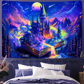 Invoibler Blacklight Castle Tapestry UV reactive Tapestry Magic Tapestries Fantasy Tapestry Dream Forest Castle Landscape Wall Hanging for Bedroom Home(59.1 x 82.7 inches)