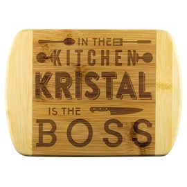 Mom To Be Gifts - In The Kitchen Kristal Is The Boss - Mothers Day Gifts, Gift Ideas For Mom, Funny Cutting Board Engraved Bamboo Chopping Block, Bamboo Engraved Cutting Board