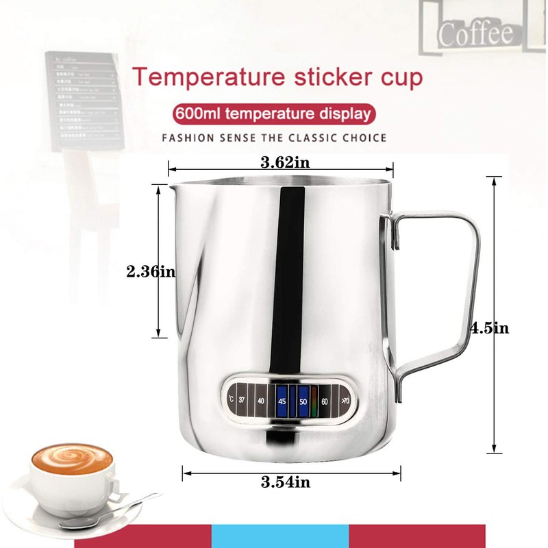 Milk Jug with Thermometer,600Ml Stainless Steel Milk Frothing Pitcher and
