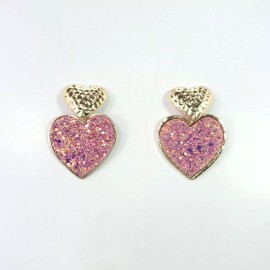 Fashion Jewelry E0554 Pink Color Glitter Decorated Double Heart Love Shape Drop Dangle Earrings