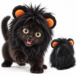 Black Lion Mane Cat Costume Hat, Pet Lion Wig for Cats and Small Dogs, Funny Faux Fur Pet Cosplay Hat for Halloween, Christmas, Parties and Photo Props