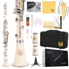 Rhythm Bb Clarinet 17 Nickel Keys Woodwind Band & Orchestra Musical Instruments for Beginners Includes Case, Stand, 10 Reeds and Cleaning Kit-White