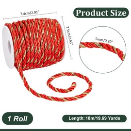 PH PandaHall 5 mm Red Gold Rope 17.3 m Twisted Cord Trim Craft Window Decorative Cord Handmade Cording Handfasting Braided Cord for Sewing Wedding Graduation Honor Rope