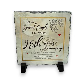 25th Wedding Anniversary Slate for a Special Couple – Handcrafted Natural Slate Plaque with Stand – Romantic Keepsake – 15cm x 15cm