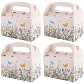 Beebeecraft 12Pcs Pink Floral Paper Gift Boxes Rectangle 3.7x6.3x3.7 Inch Daisy Butterfly Flower Gable Boxes with Handles for Candy Wedding Birthday Tea Bridal Shower Party Favor Supplies