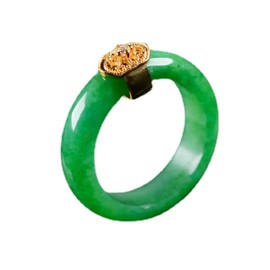 Natural Jade Ring Woman Lucky Smooth Green Band Ring Gold Crown, Agate