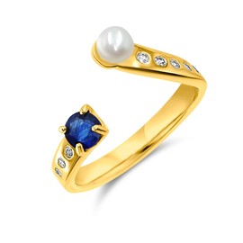 Natural sapphire and real pearl ring 1micron plated solid 925 sterling silver adjustable ring and september birthstone gift for her - Uniquelan Jewelry (Blue-Sapphire, yellow-gold-and-sterling-silver)