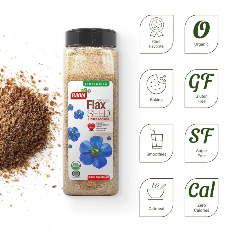 Badia Organic Ground Flax Seed 16oz - High Fiber Omega-3