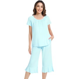 NACHILA Women's Pajamas Set-Viscose made from Bamboo, Short Sleeve Pjs with Capri Pants Pleated Loungewear Sets Cool Sleepwear Aqua Green M