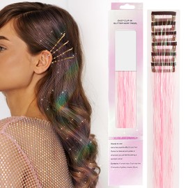 Extensiones de Cabello con Clip, Extensiones de Cabello con Purpurina, Clips de Oropel para el Cabello de Hadas, Oropel con Clip, Resistente al Calor Extraíbles y Reutilizables, 6 Piezas (Rosa de ensueño)