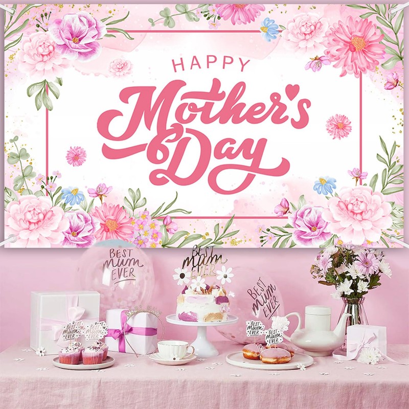 AIBIIN Happy Mother's Day Banner Pink Mothers Day Backdrop for