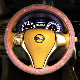 Carwales Car Steering Wheel Cover Pink for Women Girls Cute Bling Accessories 15 Inch Universal Colorful Crystal Rhinestone Diamond Rainbow Anti-Slip Wheel Protector