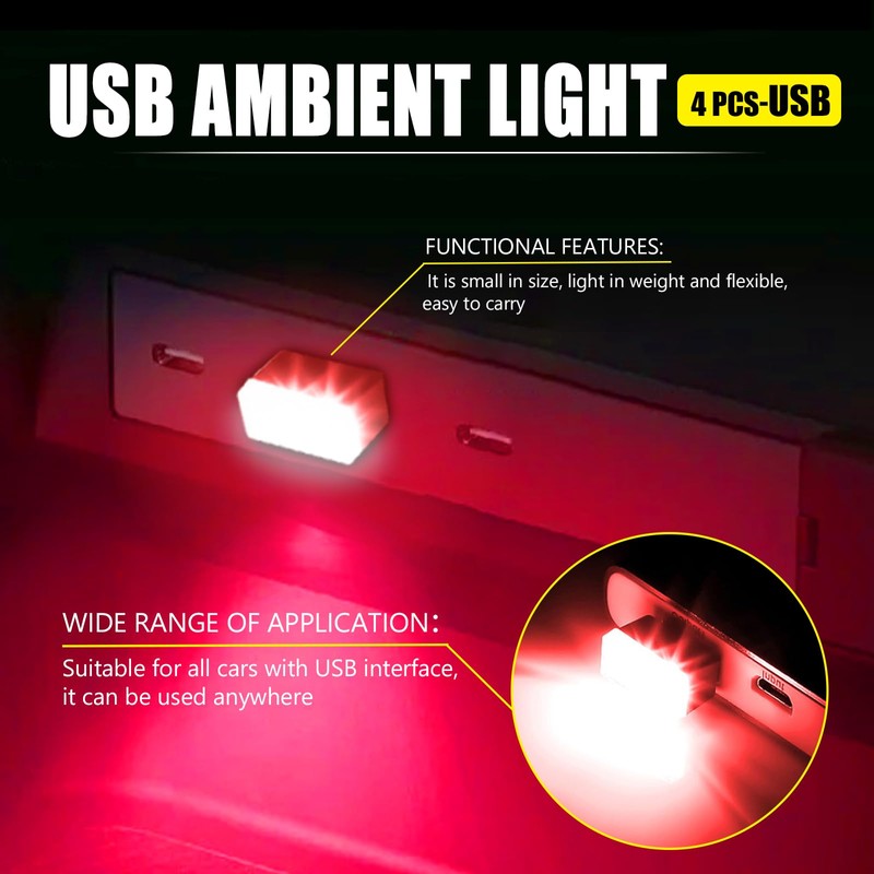 4 PCS USB LED Car Interior Atmosphere Lamp, Portable Mini