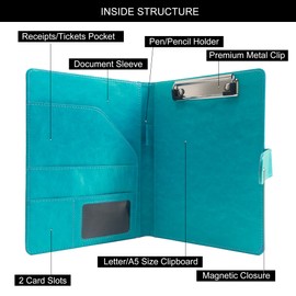GraduationMall A5 Conference Folder Travel Portfolio with Clipboard Magnetic Clasp PU Leather Portable Document Organizer Turquoise