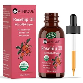 "Natnique "Aceite de semilla de rosa mosqueta orgánico de 1 oz, certificado por el USDA, aceite de rosa mosqueta 100% puro para rostro, cabello y piel
