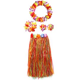 Adults Hawaiian Hula Grass Skirts Dance Wears Set(Multicolor 31.5",5pcs/Set)