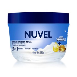 Nuvel Crema 3 en 1 Humectación Total para Cara, Cuerpo y Manos 230g | Con Vitamina E, Glicerina y Aceite de Arándano | Hidratación Multiproposito | Para Todo Tipo de Piel