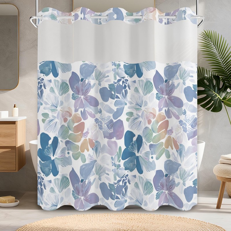 NAEMBCU Boho Floral No Hook Shower Curtain with Snap in