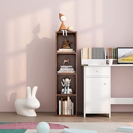ALISENED 4 Cube Small Bookshelf, Narrow Storage Organizer Shelf, Wooden Corner Bookcase, Modern Thin Cubes Storage Organizer Display Shelving for Bedroom, Library, Living Room, Home, Office, Brown