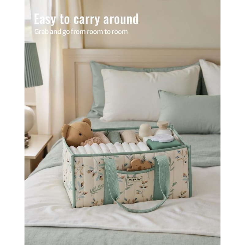 Blissful Diary Leaf Diaper Caddy Organizer, Stylish Nursery Storage Basket,