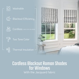 Everyday Celebration Roman Shades - 100% Blackout Cordless Vertical Stripe Shades, Woven Fabric Blinds, 36"W x 64"H, Natural