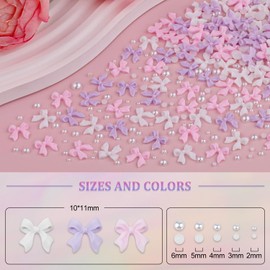 3D Nail Bow Charms and Nail Pearls Set 3, Pink White Lilac Cute Bow Nail Jewelry Charms and 2-6mm White Flatback Half Pearls with Pickup Tools for Nail Art Design and DIY Decorations