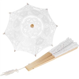 Lace Umbrella + Fan Parasol, White Lace Parasol Umbrella for Lady Women Kids Party Decor Dancing Photography Prop