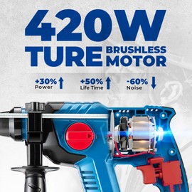 DongCheng 20V Max Cordless Rotary Hammer Drill, 7/8" SDS-Plus, 4 Application Modes, Brushless, 2.1 Joules, Cordless Demolition Hammer for Concrete, Including 2 * 4.0Ah Battery, 4 Drill Bits