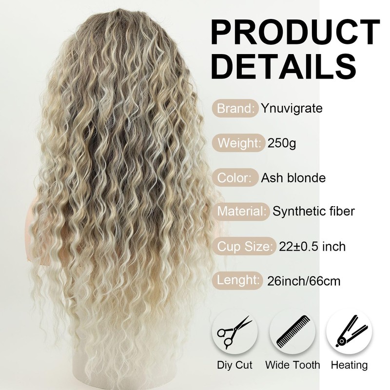 Ynuvigrate Long Curly Wavy Ash Blonde Wig for Women Daily