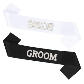 Araluky 2 Pcs White Bride Sash & Black Groom Sash, Pearl Bachelorette Sashes for Bachelorette Party Decorations Bridal Shower Wedding Hen Party Bride to Be Decorations
