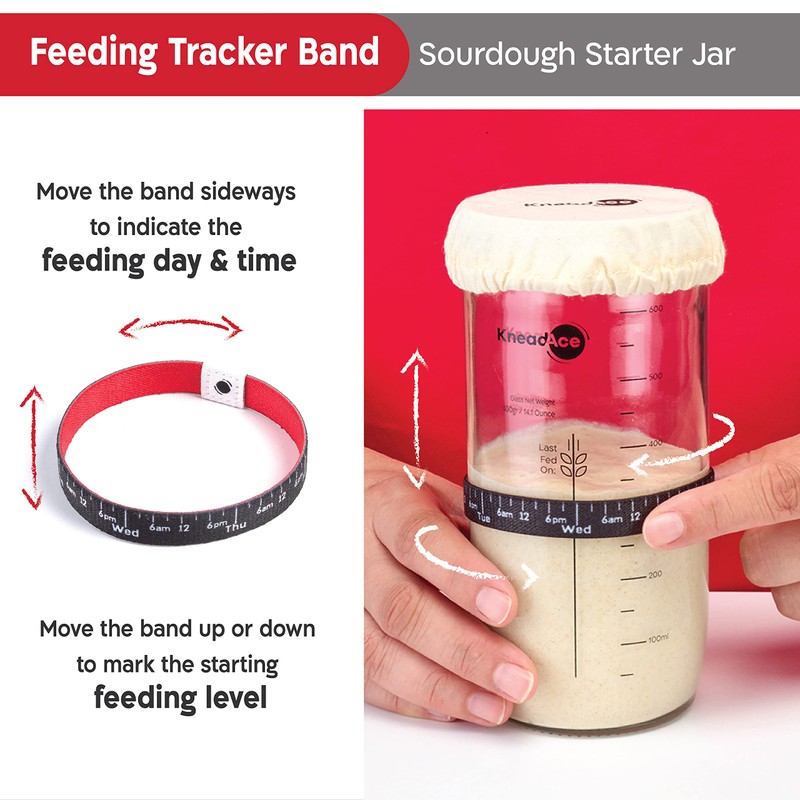 KNEADACE Sourdough Starter Jar With Date Marked Feeding Band, Thermometer,