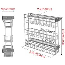 JOWBOOW Narrow Pull Out Cabinet Organizer(4⅜" W x 18⅛" D),Pull Out Spice Rack, 3-Tier Side Mount Slide Out Spice Rack for Narrow Cabinet